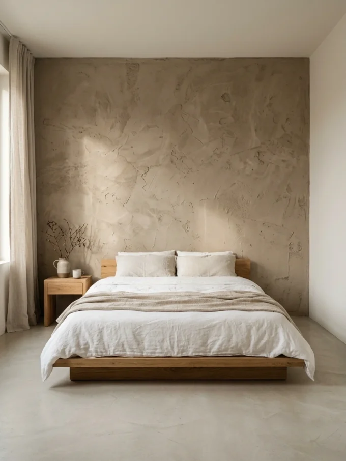 A textured wall behind a bed with a wooden frame and white bedding