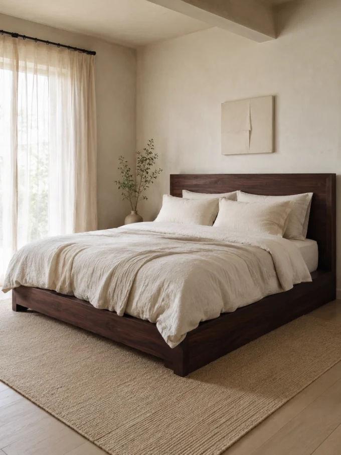 A dark wood bed frame with pale bedding and a beige rug