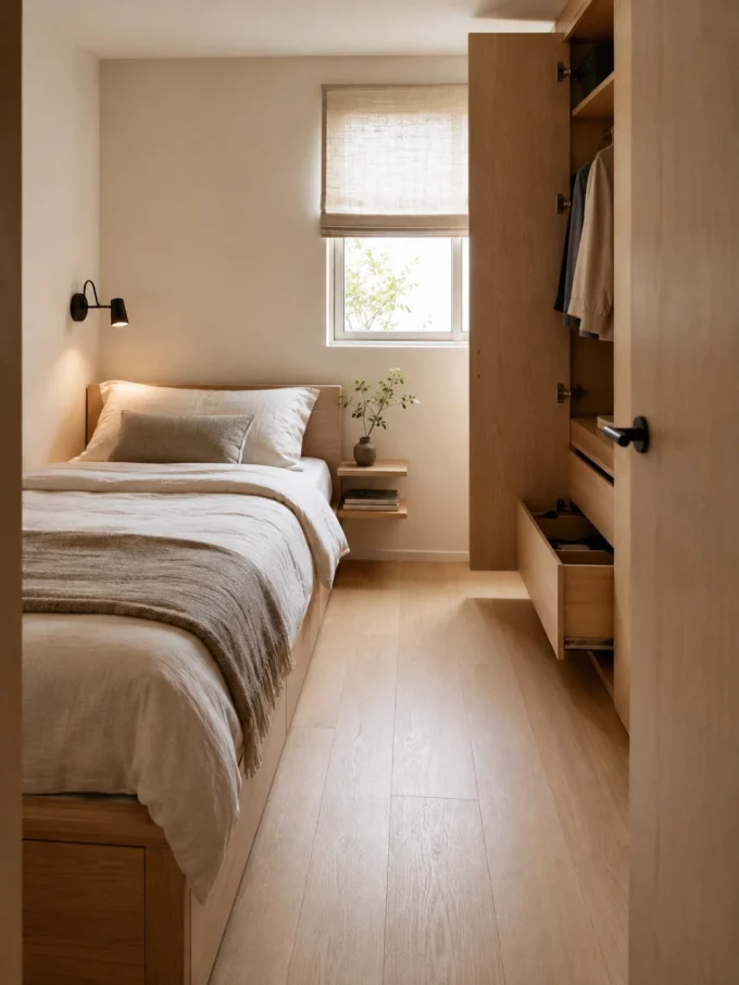 A small bedroom with a bed, closet, and window showing space between bed and closet