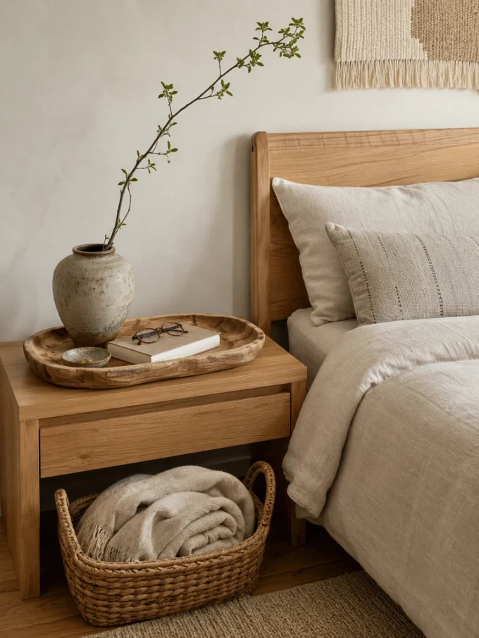 A wooden nightstand with a vase, book, and glasses on a tray, and a wicker basket of blankets underneath.