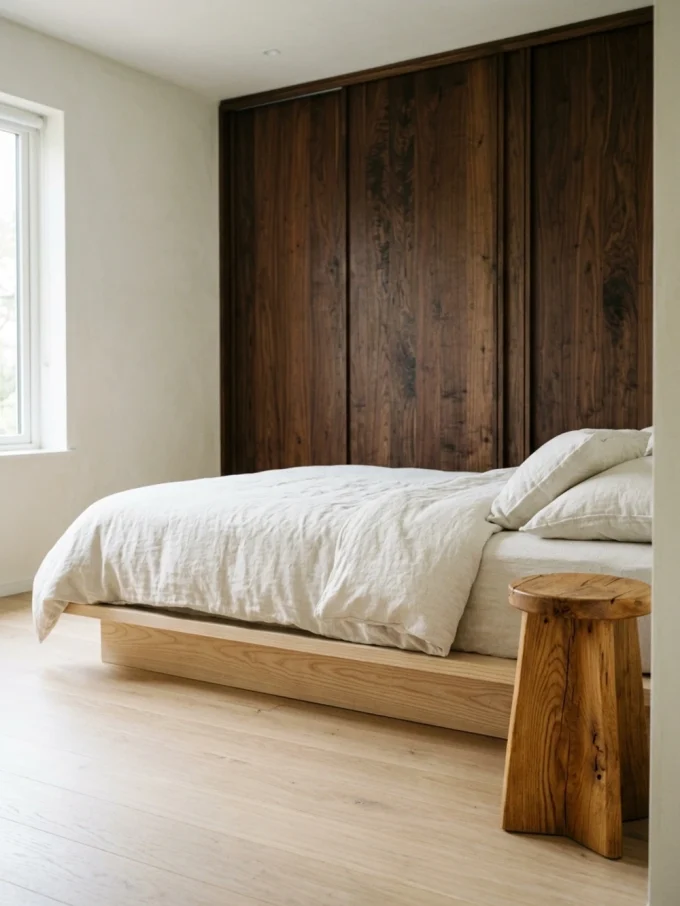 A bed with a light wood frame and white bedding sits in front of a dark wood panelled wall beside a small wooden stool and pale wood floor
