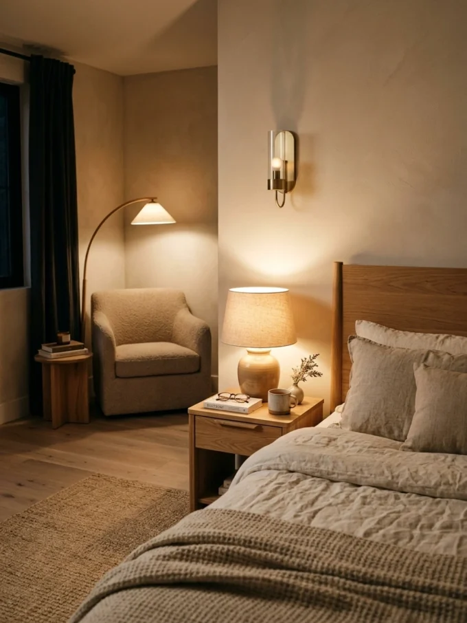 A bedside lamp on a wooden nightstand beside a bed with a wall sconce above it.