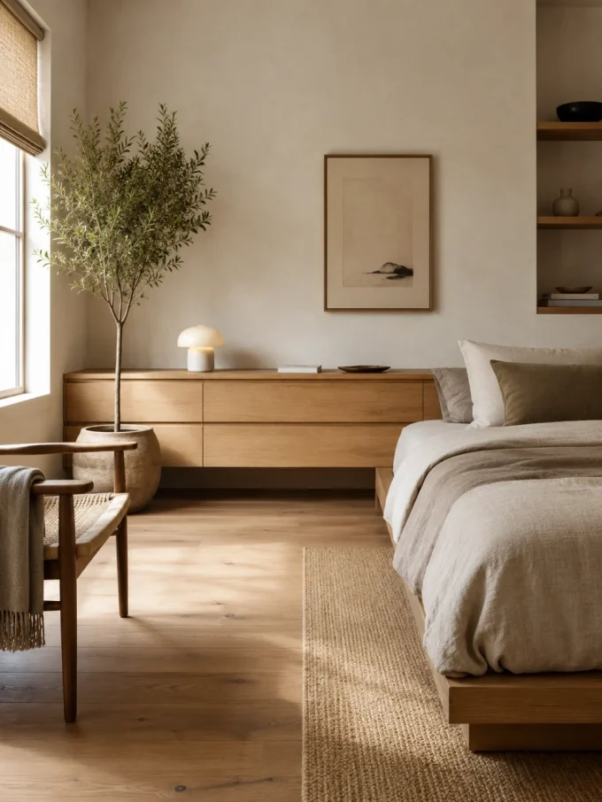 A serene bedroom with a bed, dresser, and chair, showcasing negative space.