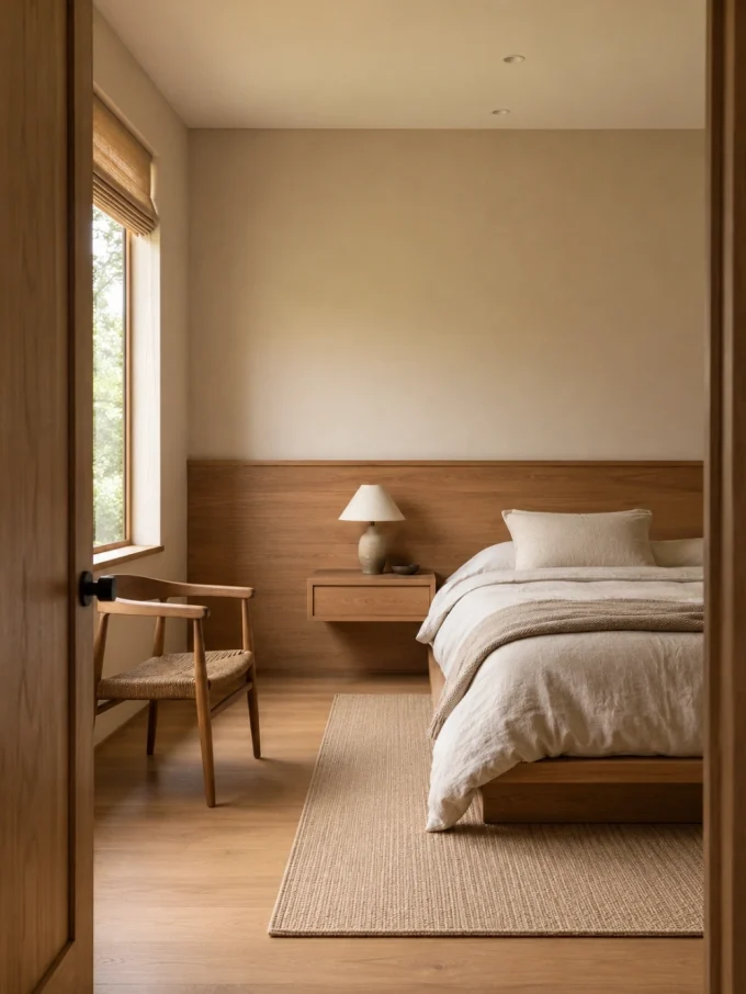 A serene bedroom with a bed, nightstand, and chair, viewed from doorway