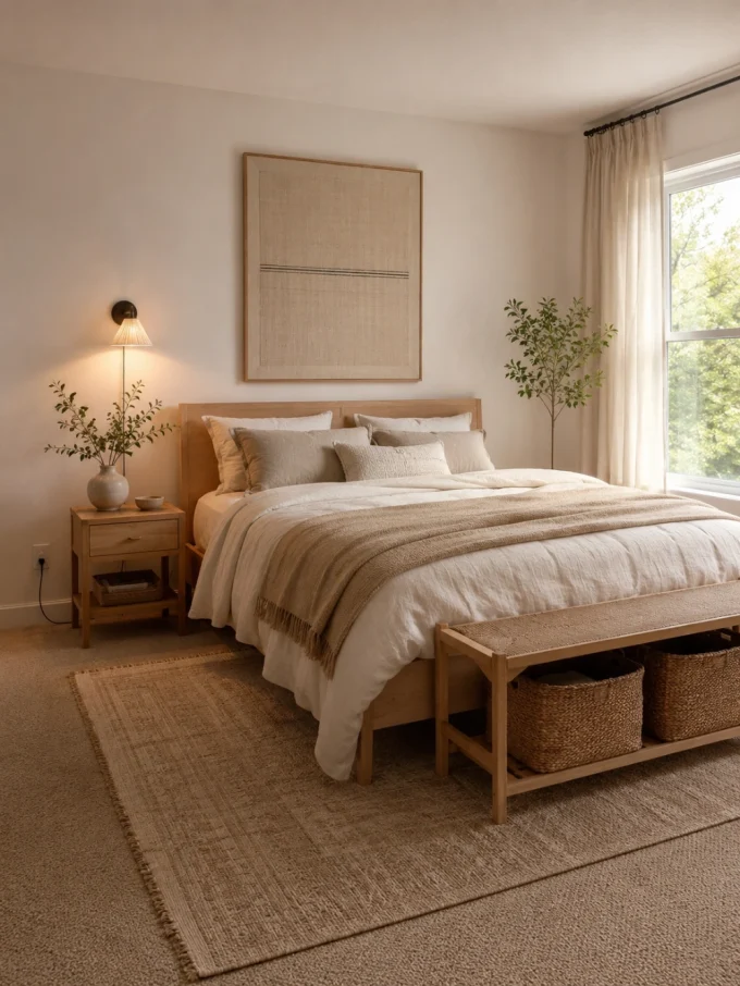 A bed with white and beige bedding, a wooden bench at the foot, and a nightstand with a lamp and plant on it.