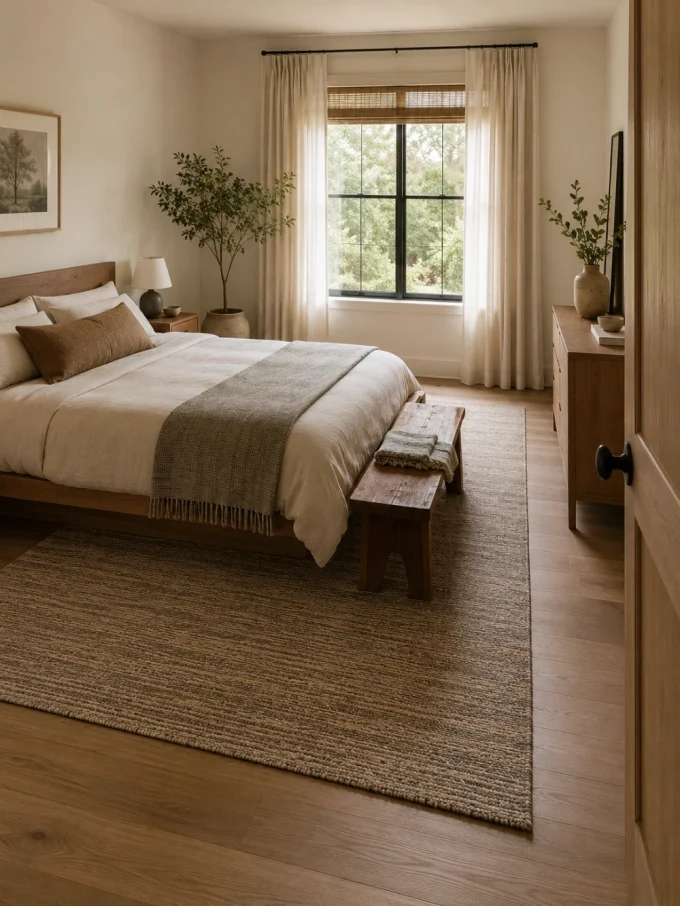 A bedroom with a bed, nightstand, and dresser connected by a rug