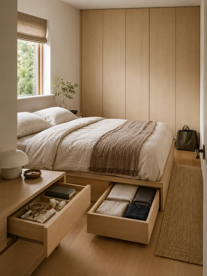 A bed with two open drawers containing folded clothes and personal items