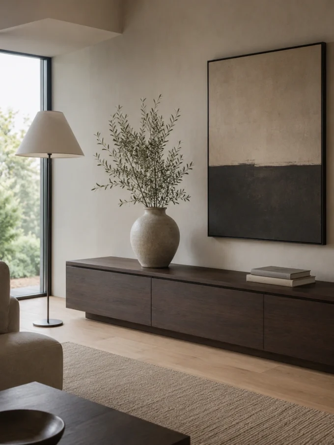A large vase with branches on a console table with two books and a large abstract painting above it