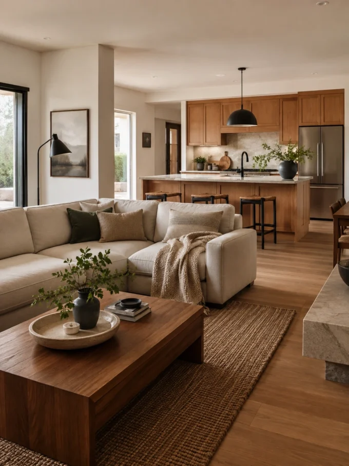 Cozy modern open-plan living room connected to a warm wood kitchen, using matching wood and black accents while defining each space with a sofa and textured rug.