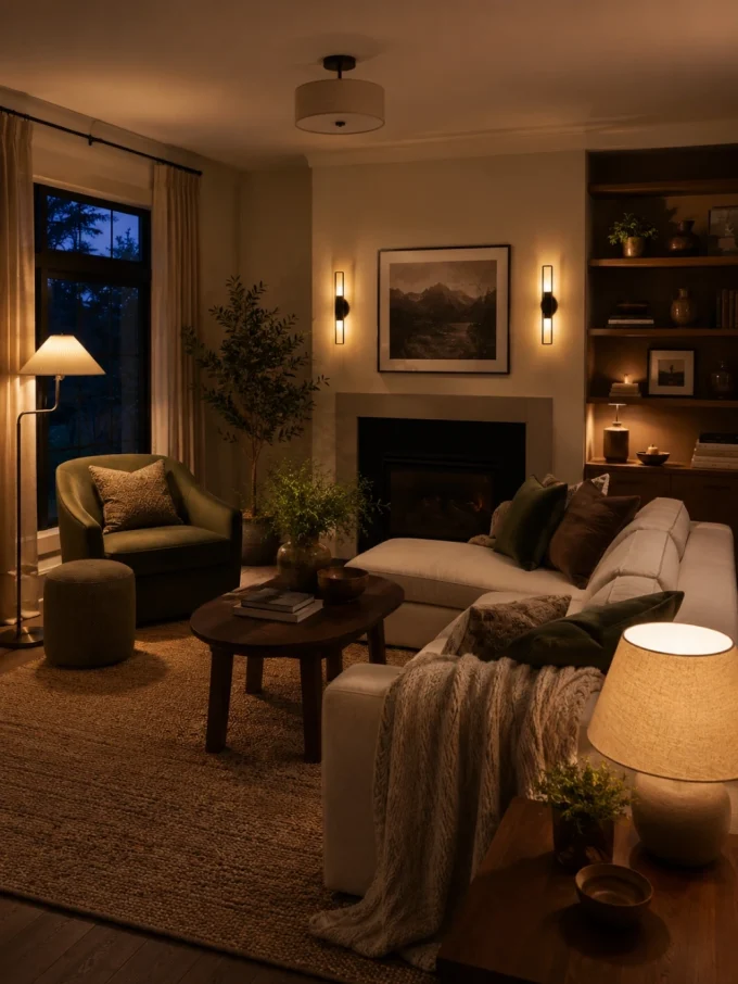 A dimly lit living room with layered lighting, including a floor lamp, table lamp, and wall sconces, illuminating a white couch, green armchair, and wooden coffee table.