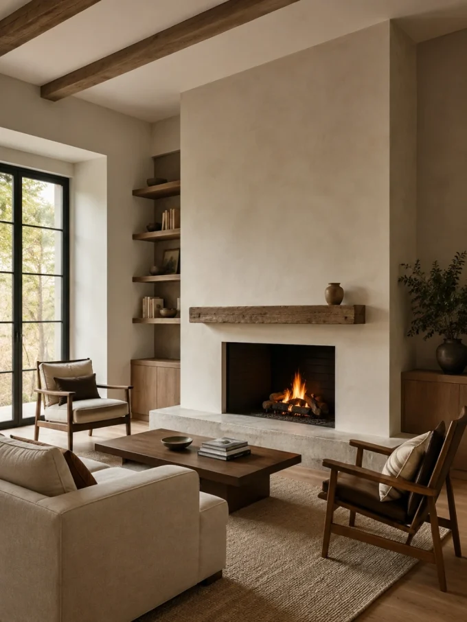 A large stone fireplace with a wooden mantel and burning fire, set into a tall white wall in a cozy living room with a couch, chairs, and coffee table.