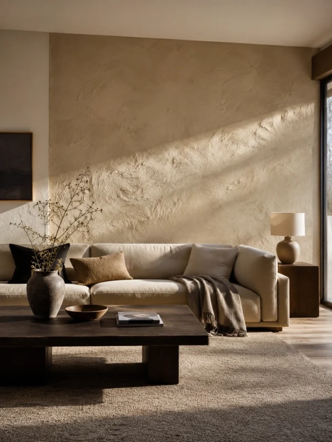 Textured plaster wall behind a beige sectional sofa