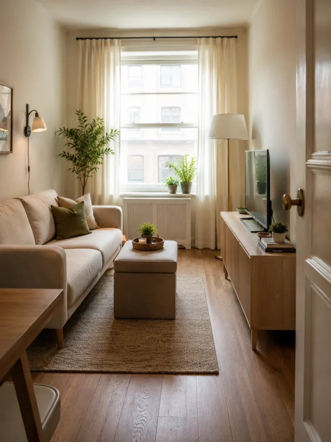 A beige sofa, ottoman, and wooden TV stand in a small living room with a window and plants