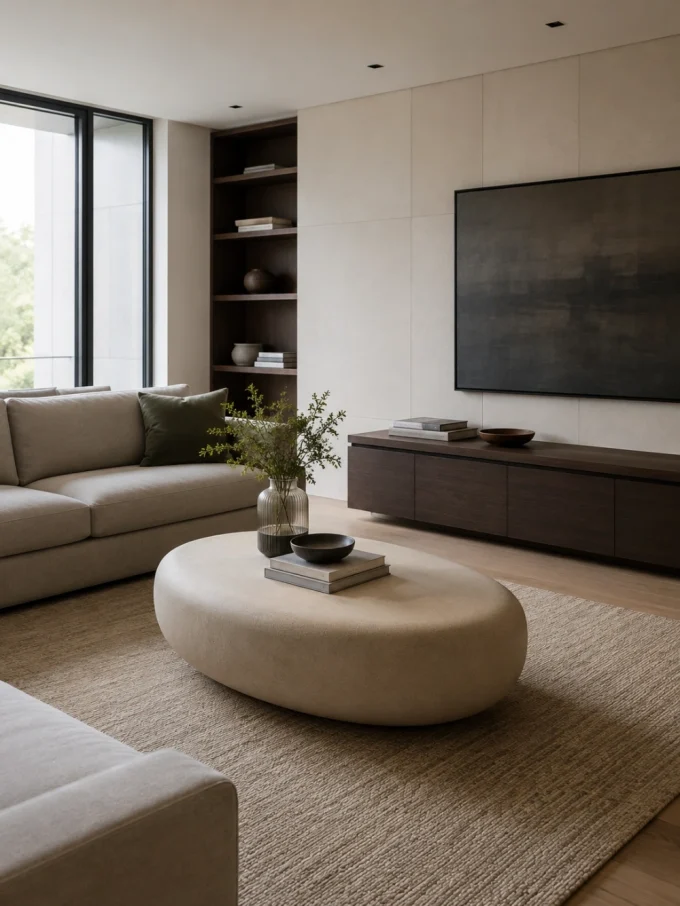 A round beige ottoman with books, a bowl, and a vase of greenery on top sits on a textured rug in front of a beige sectional sofa.