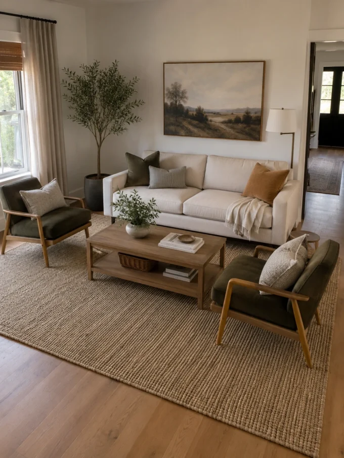 A beige sofa, two green chairs, and a wooden coffee table sit on a large natural fiber rug.