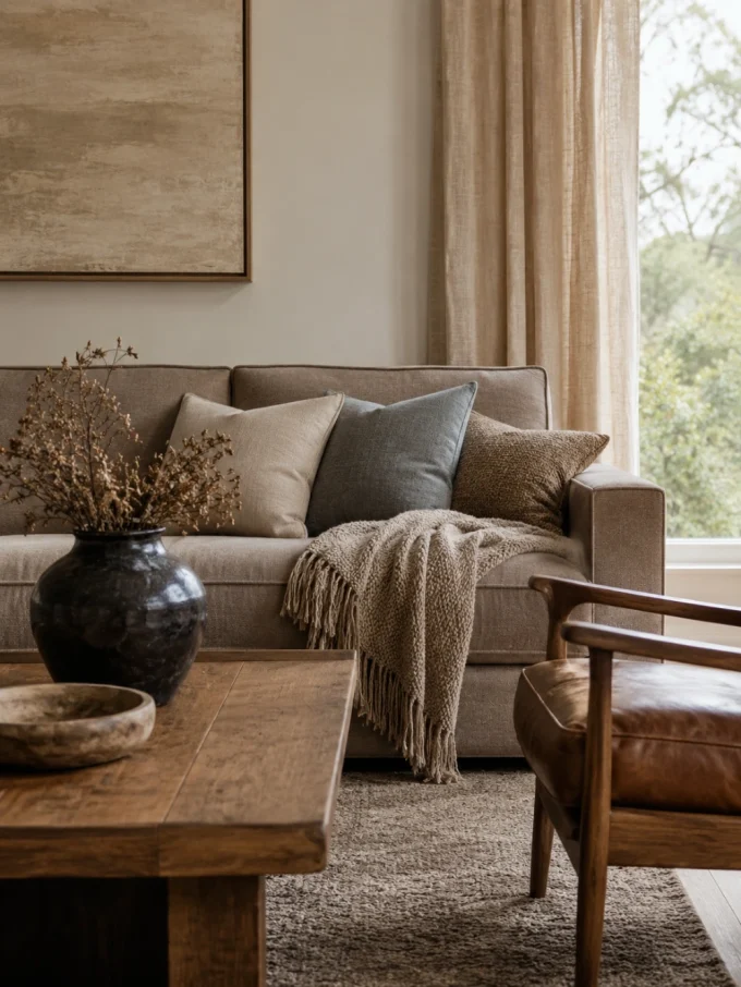 A beige sofa with cream, gray, and brown cushions, a wooden coffee table with a vase and bowl, and a brown leather chair in front of a window with beige curtains.
