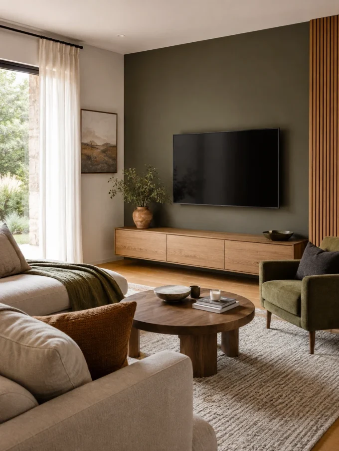 A large TV mounted on an olive green accent wall above a light wood console table, with a green armchair, round wooden coffee table, and beige sectional sofa in the foreground.