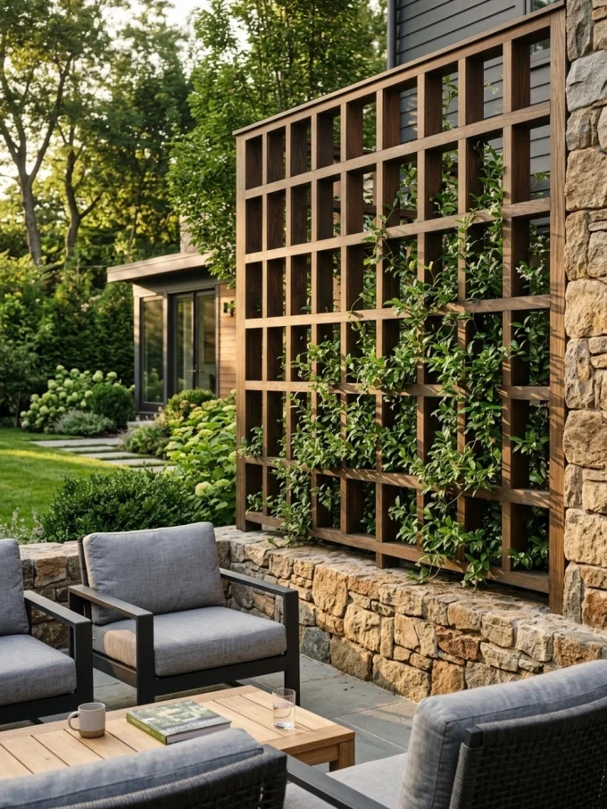 Outdoor seating area with trellis wall and climbing plants