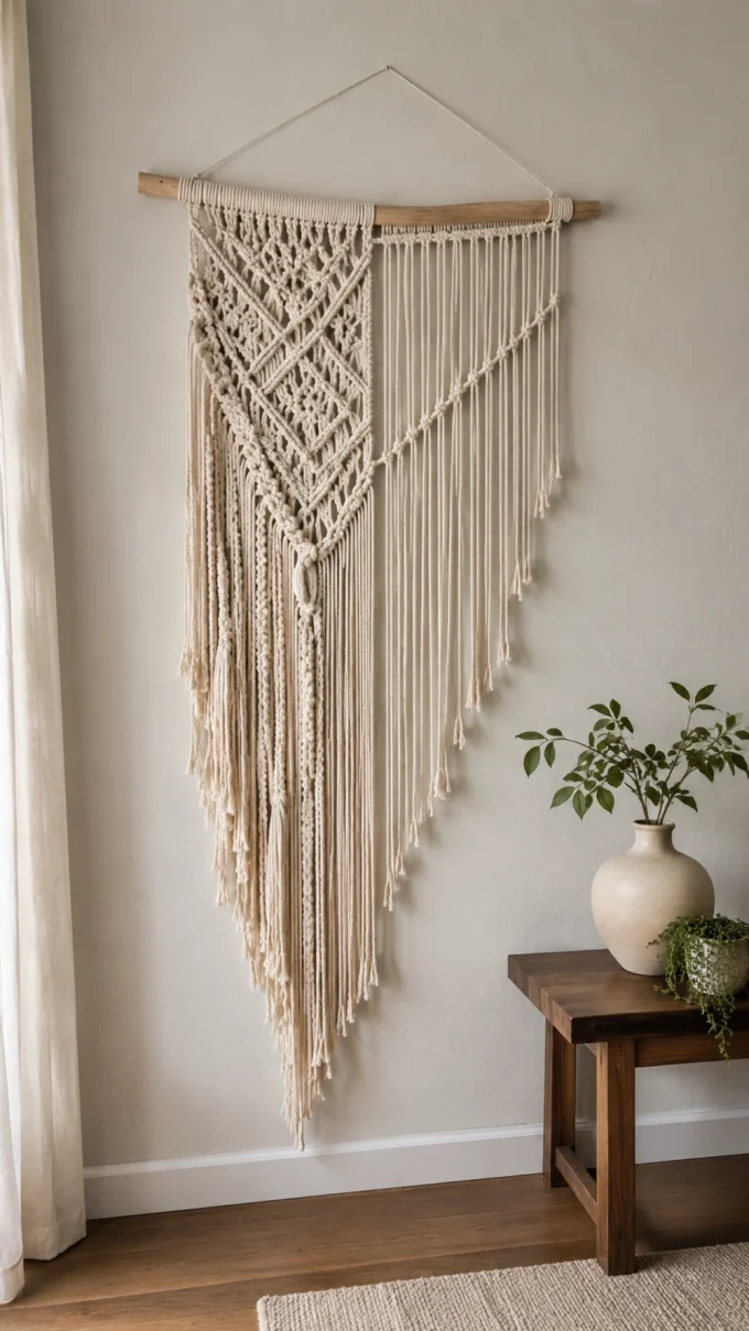 Macrame wall hanging with wooden branch and ceramic vase.