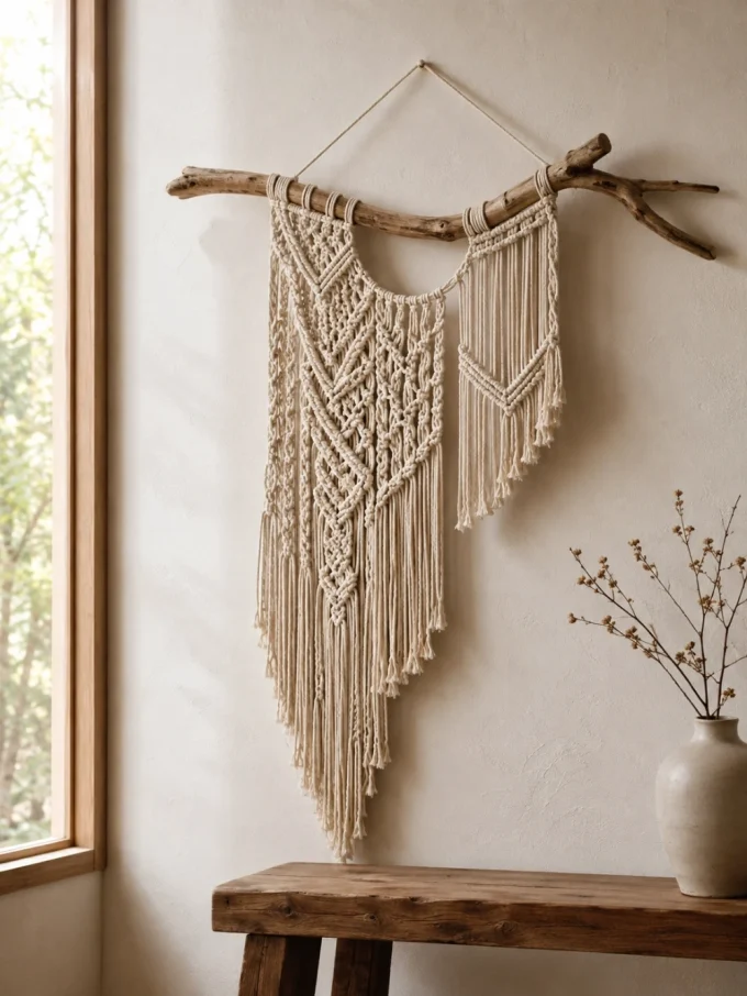 A macrame wall hanging with intricate knots and tassels