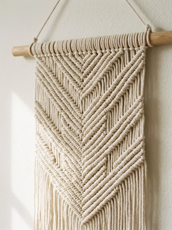 Macrame wall hanging with chevron pattern and wooden dowel