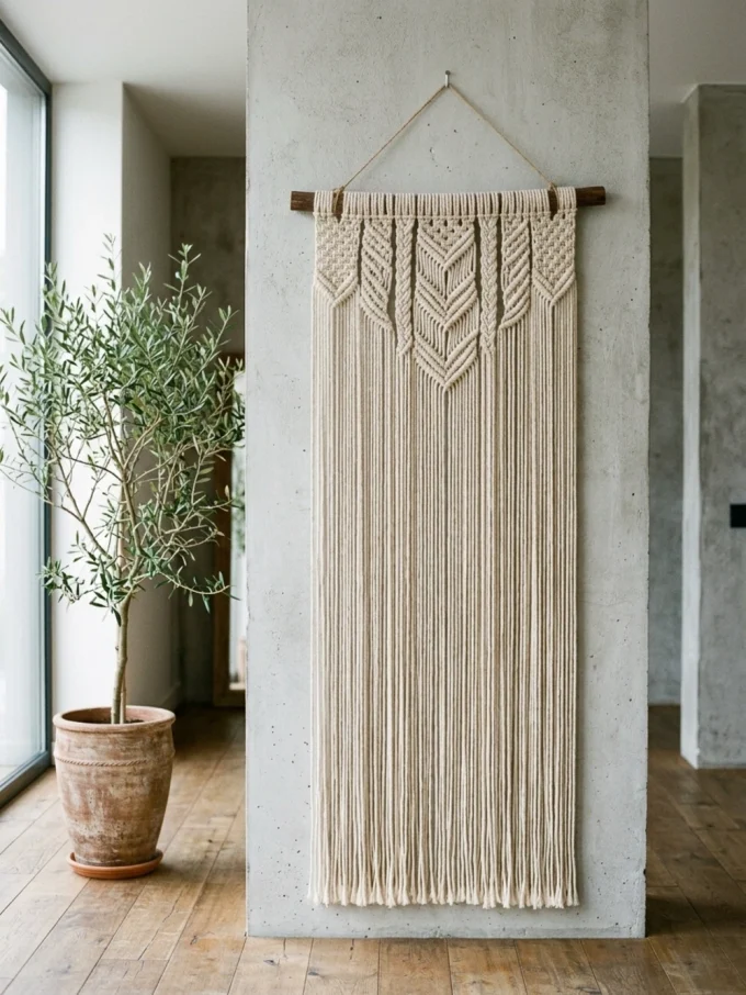 Macrame wall hanging with intricate pattern beside potted olive tree