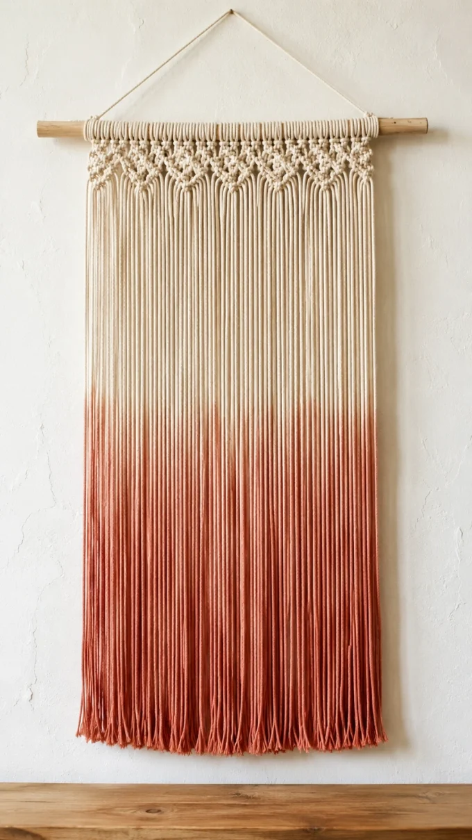 Macrame wall hanging with gradient color transition from cream to coral.