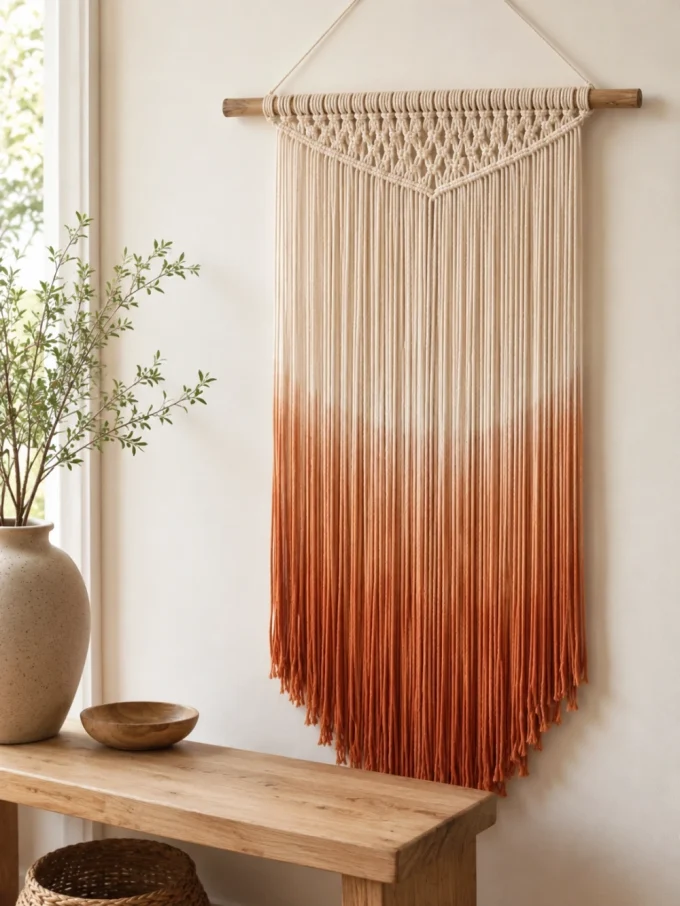 Macrame wall hanging with ombre orange and white cords on wooden dowel above table with vase and bowl