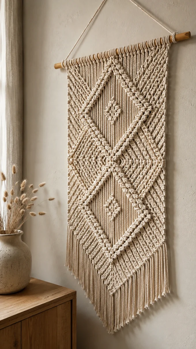 A rectangular wall hanging made of beige corded.