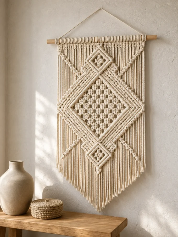 A macrame wall hanging with a diamond pattern and fringe