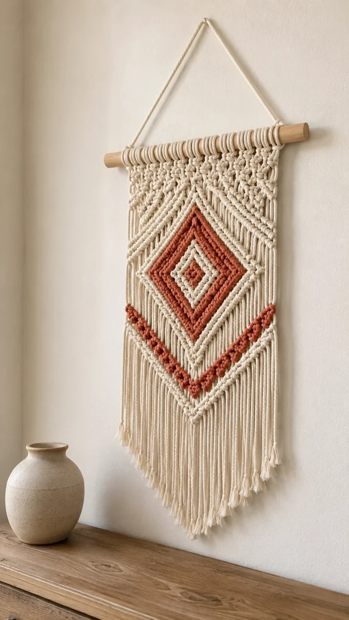 Macrame wall hanging with reddish-brown accents and off-white macrame.