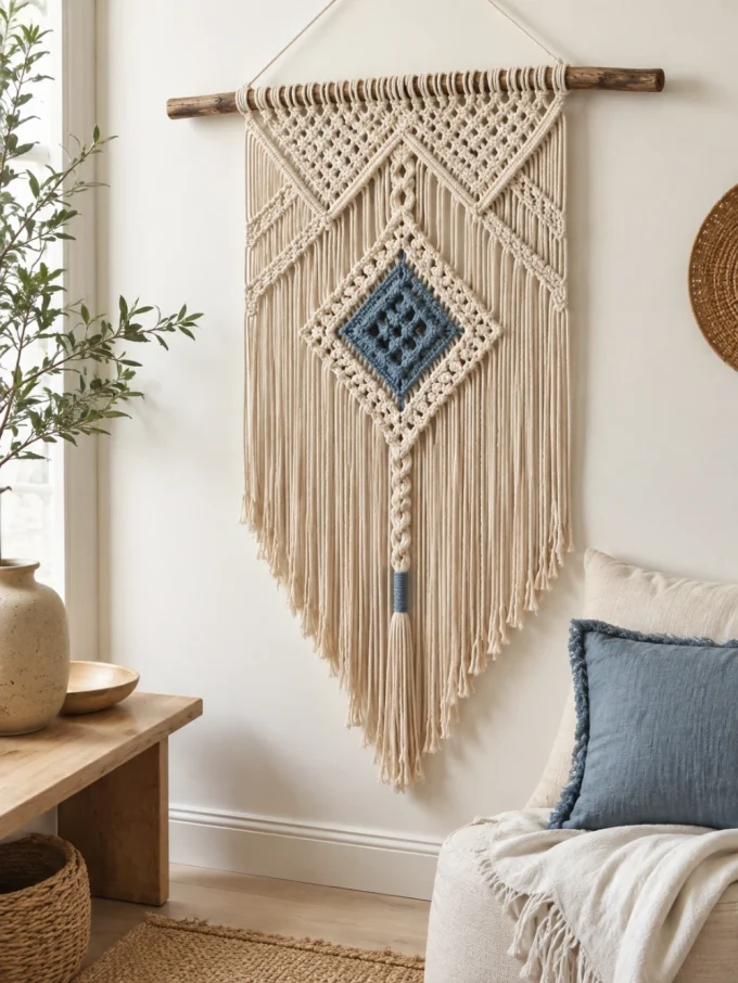 Macrame wall hanging with blue diamond and tassels beside chair