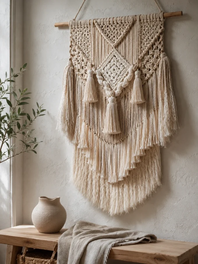 Macrame wall hanging with tassels and geometric pattern