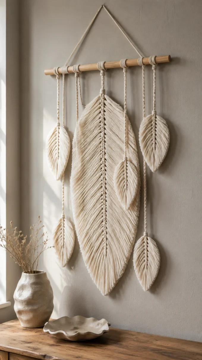 Macrame wall hanging with wooden rod and beige macrame leaves hanging from off-white macrame leaves.