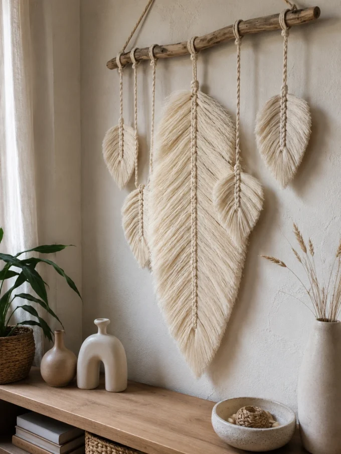 Macrame leaf wall hanging with wooden rod and shelf below