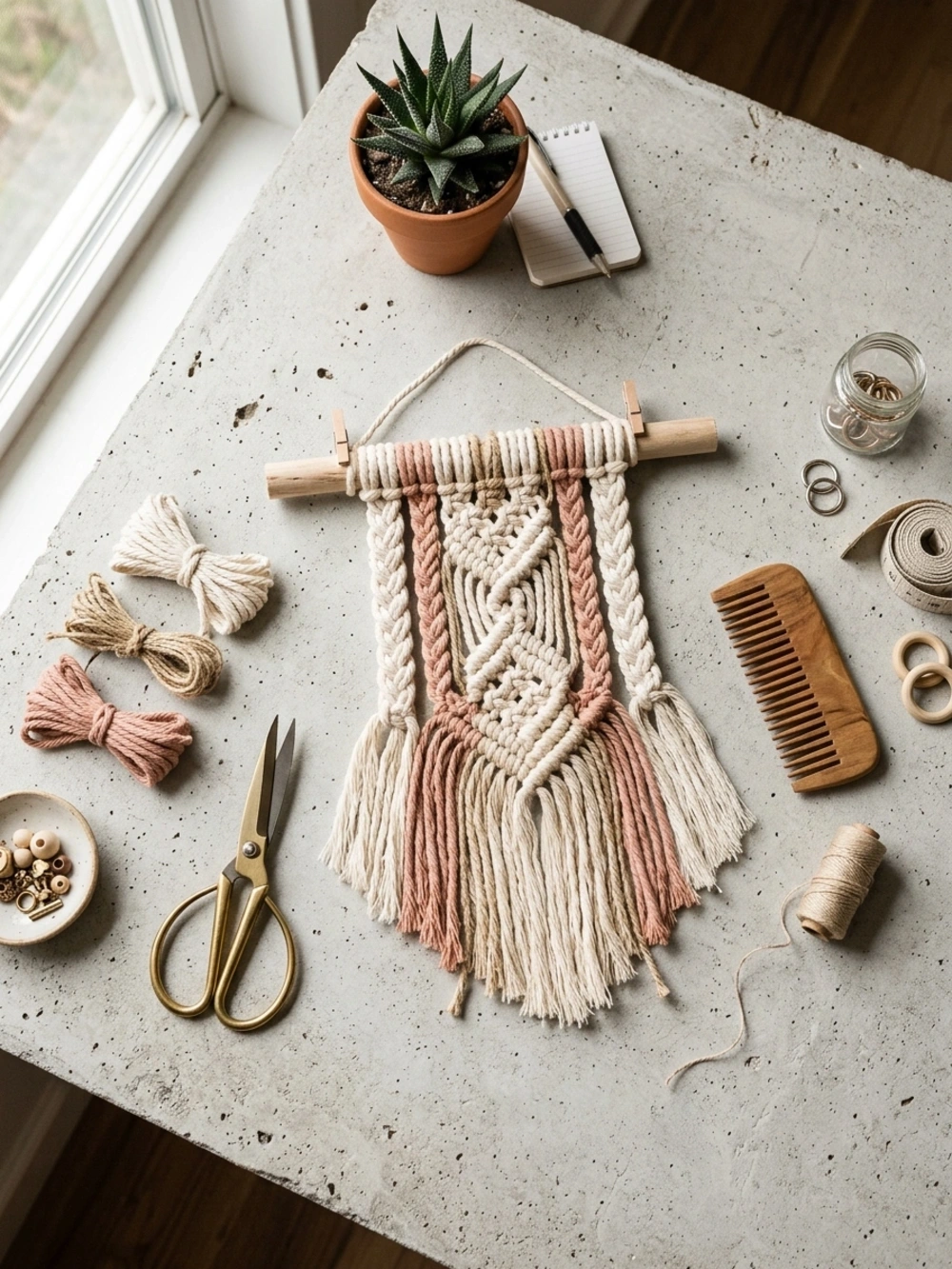 Macrame wall hanging with pink and white cord on a table with crafting supplies.