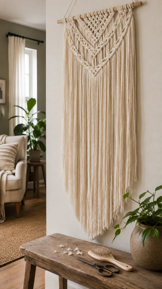 Beige macrame wall hanging with long macrame strands decorative knotwork. Wooden table below holds hairbrush scissors. Potted plant.