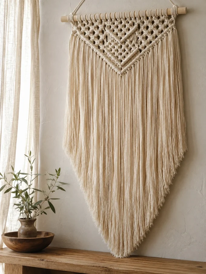 A large macrame wall hanging with a wooden dowel and beige cord