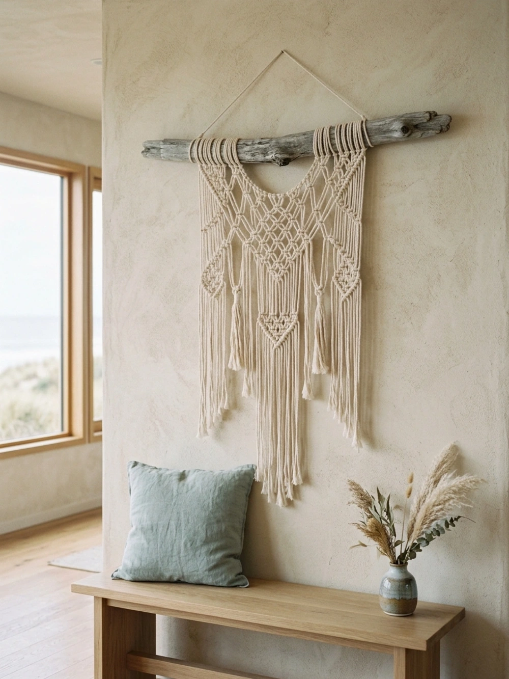 Macrame wall hanging with driftwood above a wooden bench and vase with pampas grass.