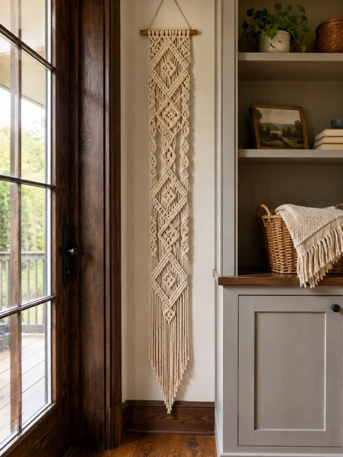 Macrame wall hanging with diamond patterns beside a cabinet
