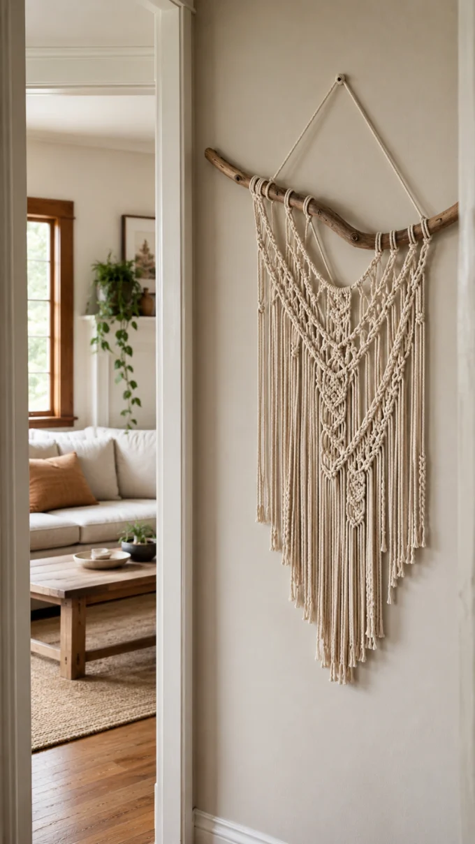 A light beige wall holds a macrame wall.