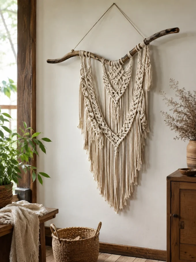A macrame wall hanging with a driftwood branch and cream-colored cord