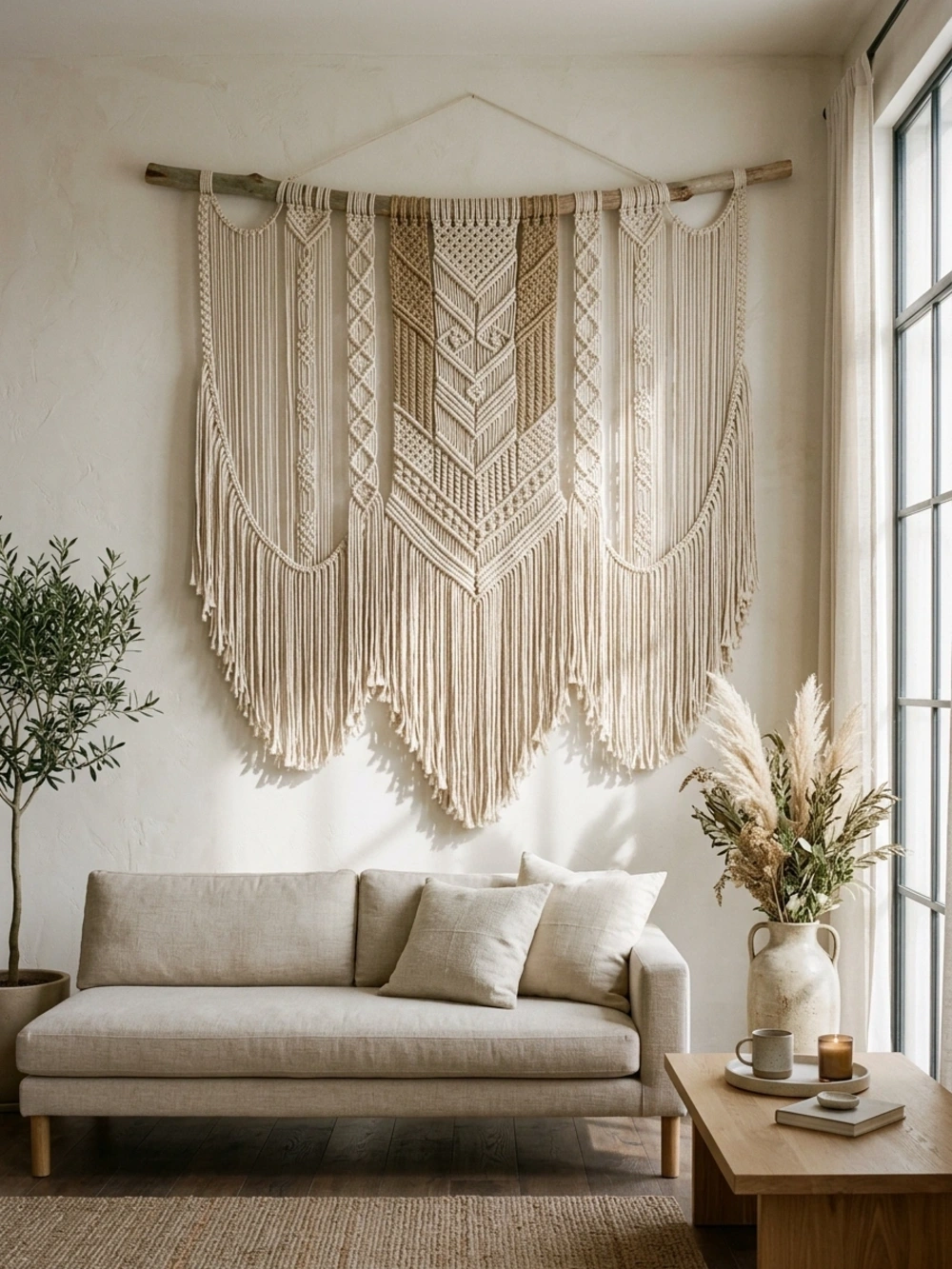 Large macrame wall hanging with geometric patterns above a beige couch
