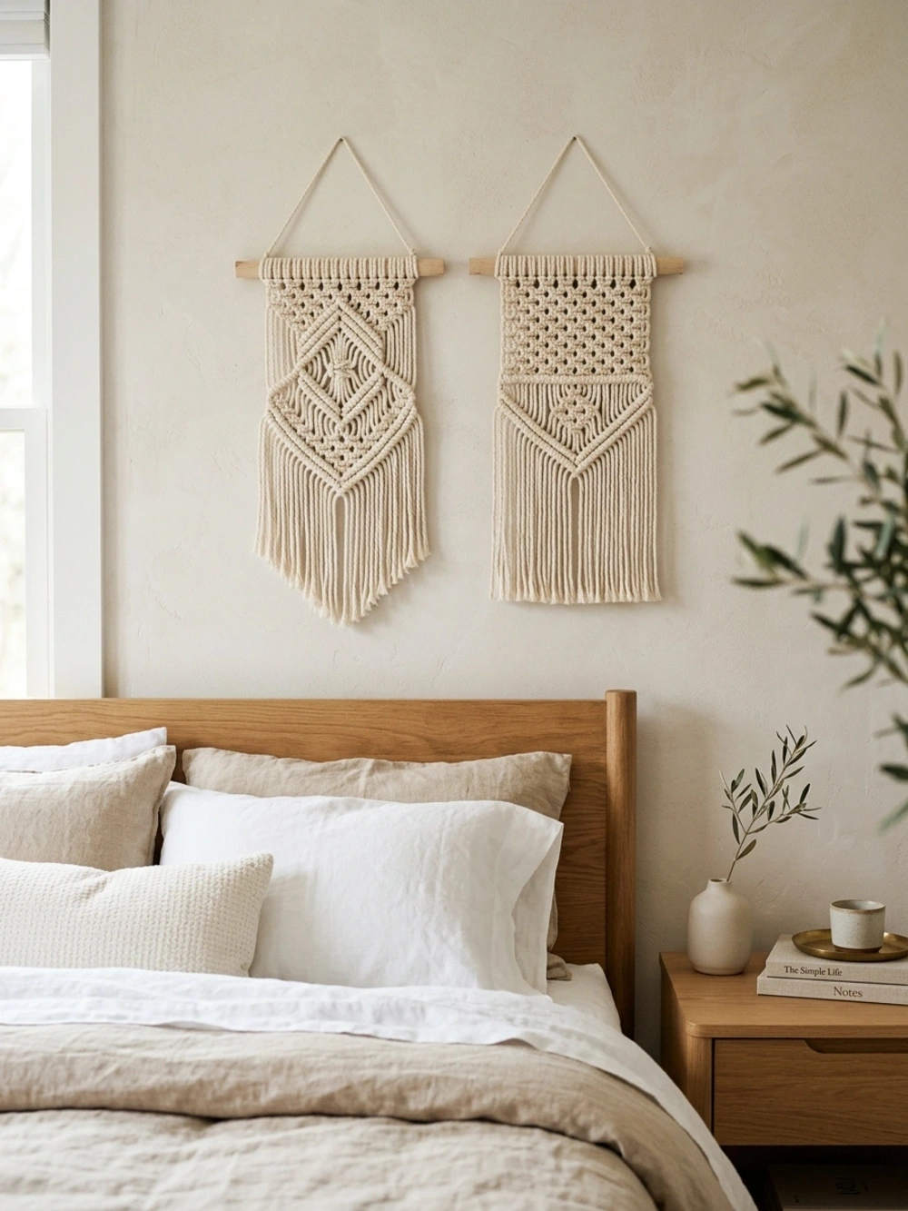 A bed with white and beige pillows and blankets, wooden headboard and nightstand with books, plant, and macrame wall hangings.