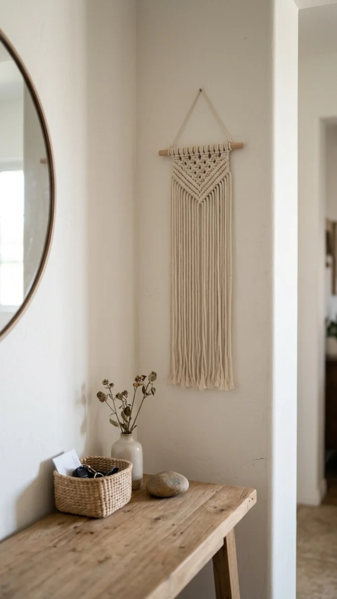 A macrame wall hanging is vertical wall, horizontal table, with a flower in an indoor hallway.