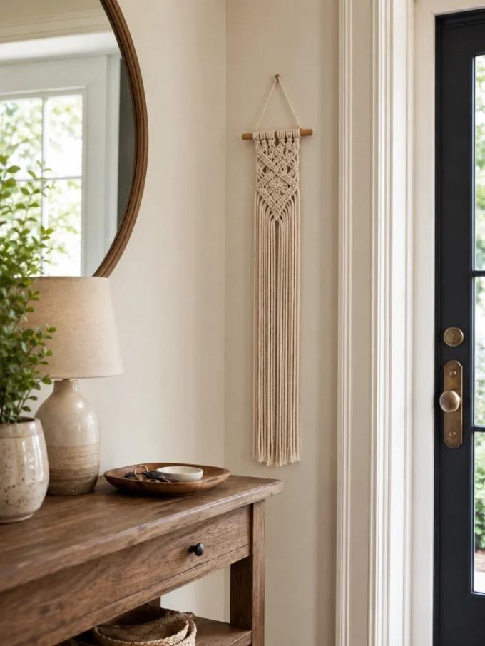 A macrame wall hanging next to a wooden console table with a lamp and plant.