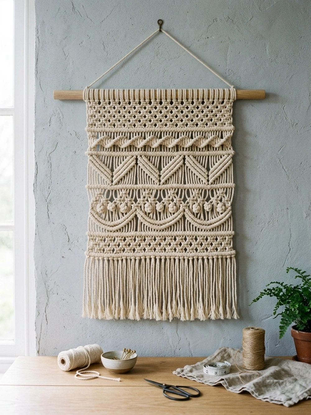 Macrame wall hanging with intricate patterns and fringe, on a textured blue wall above a wooden table with crafting supplies.