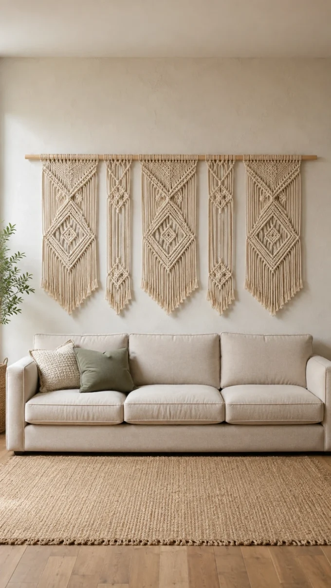 Beige sofa with green and patterned cushions in a living room.