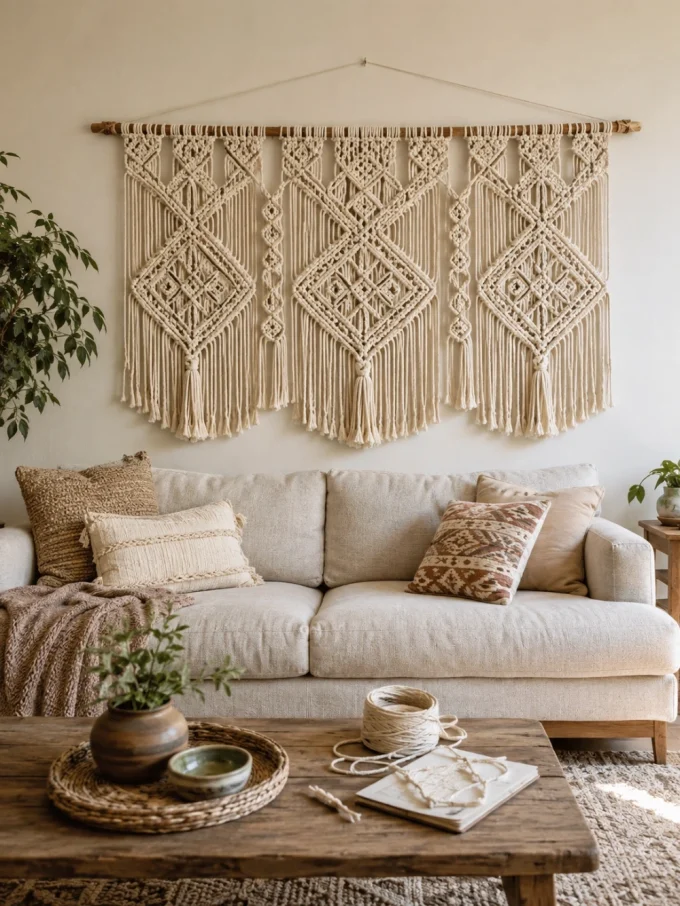 Cream-colored sectional sofa with throw pillows and macrame wall hanging behind it