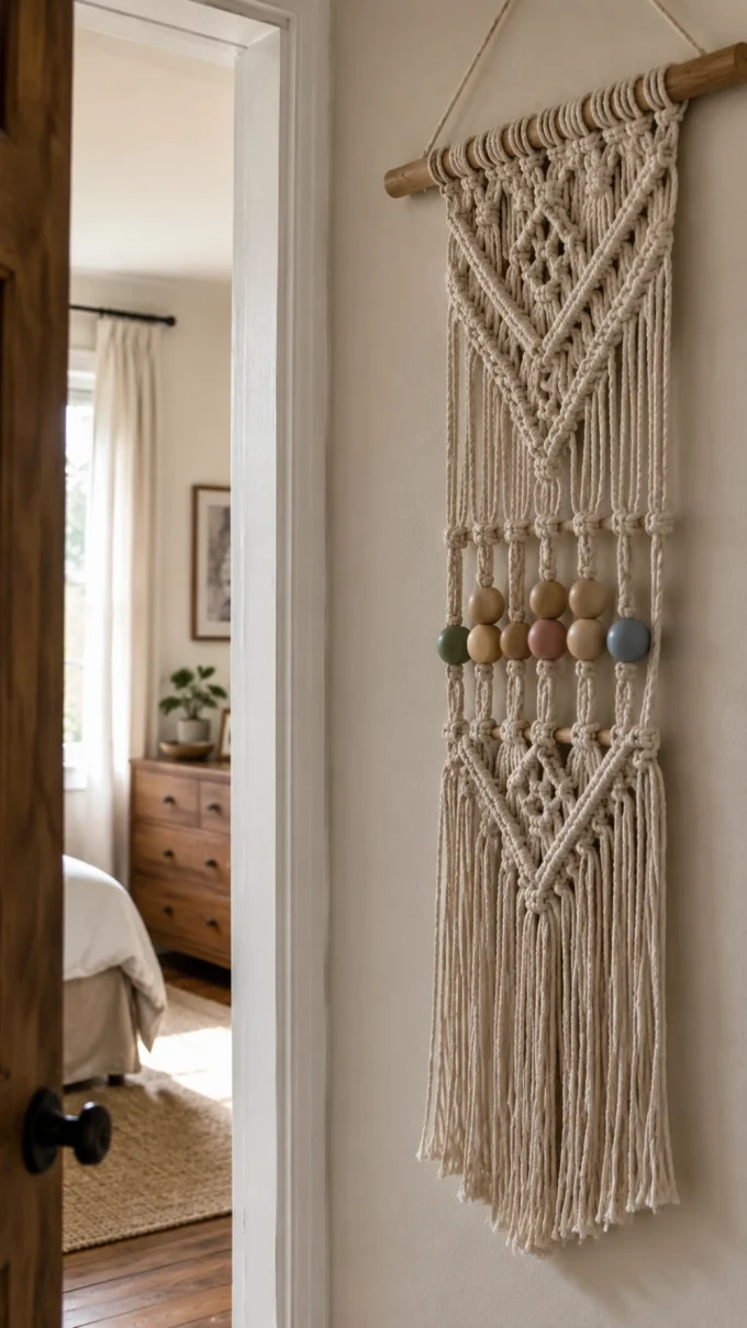 Natural macrame wall hanging with wooden beads and hanging cord, displayed in a hallway setting.